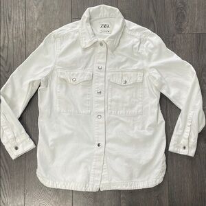 ZARA oversized distressed white button down jean jacket